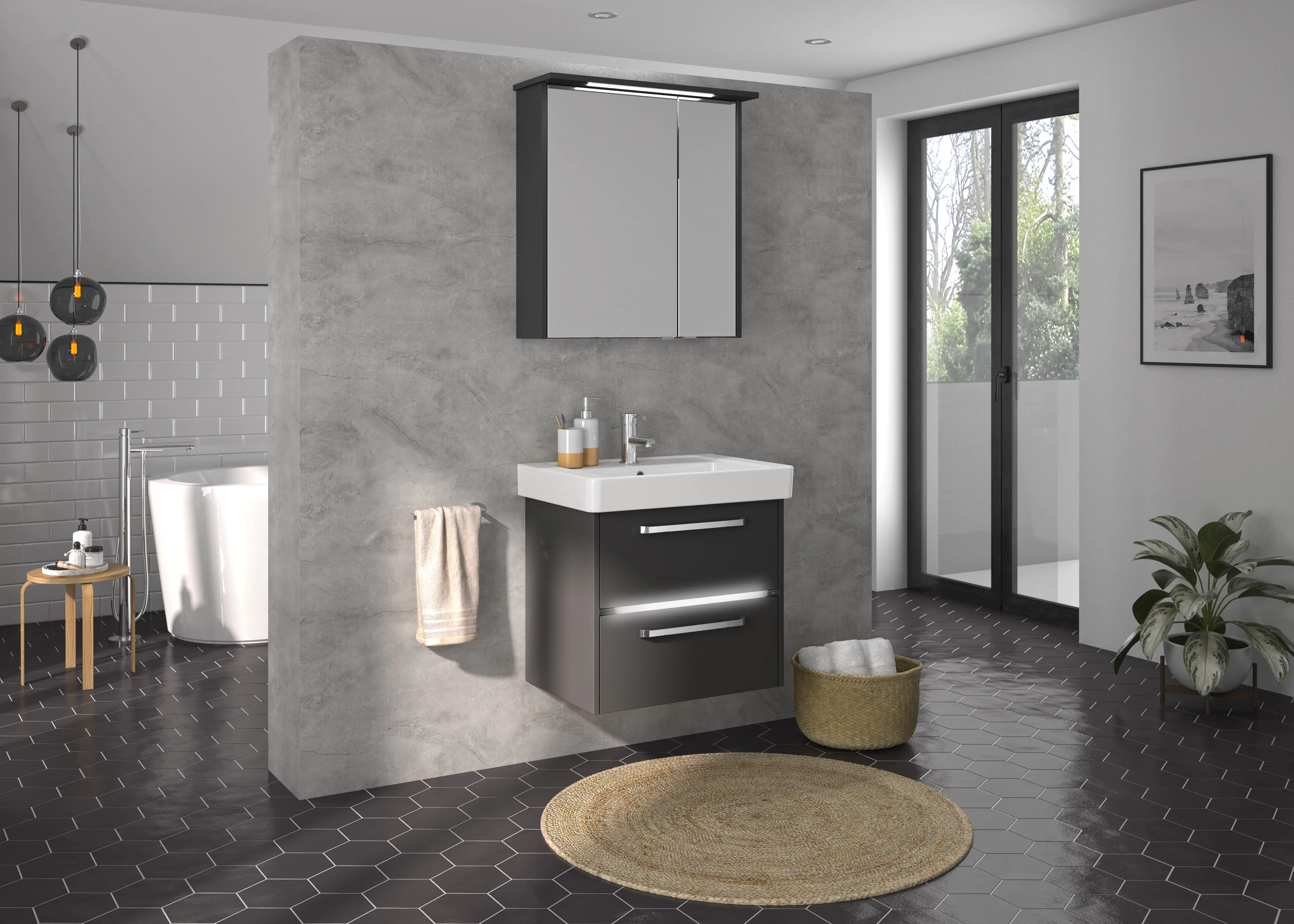 Primaster Badmöbel-Set Berlin grau 65 cm Twin LED, Keramikwaschtisch