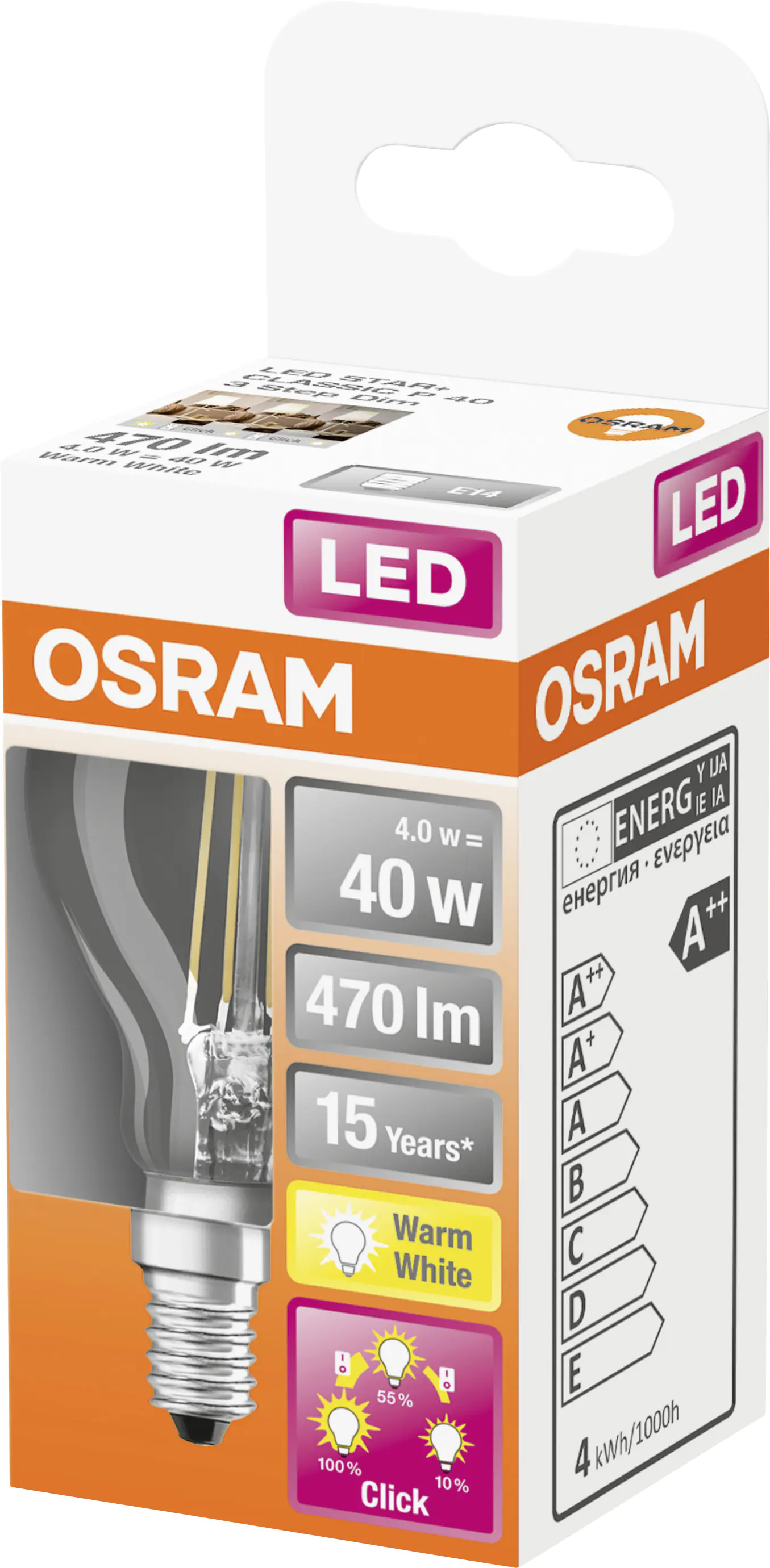 Osram LED Leuchtmittel Three Step Classic P E14 4W warmweiß, dimmbar, klar