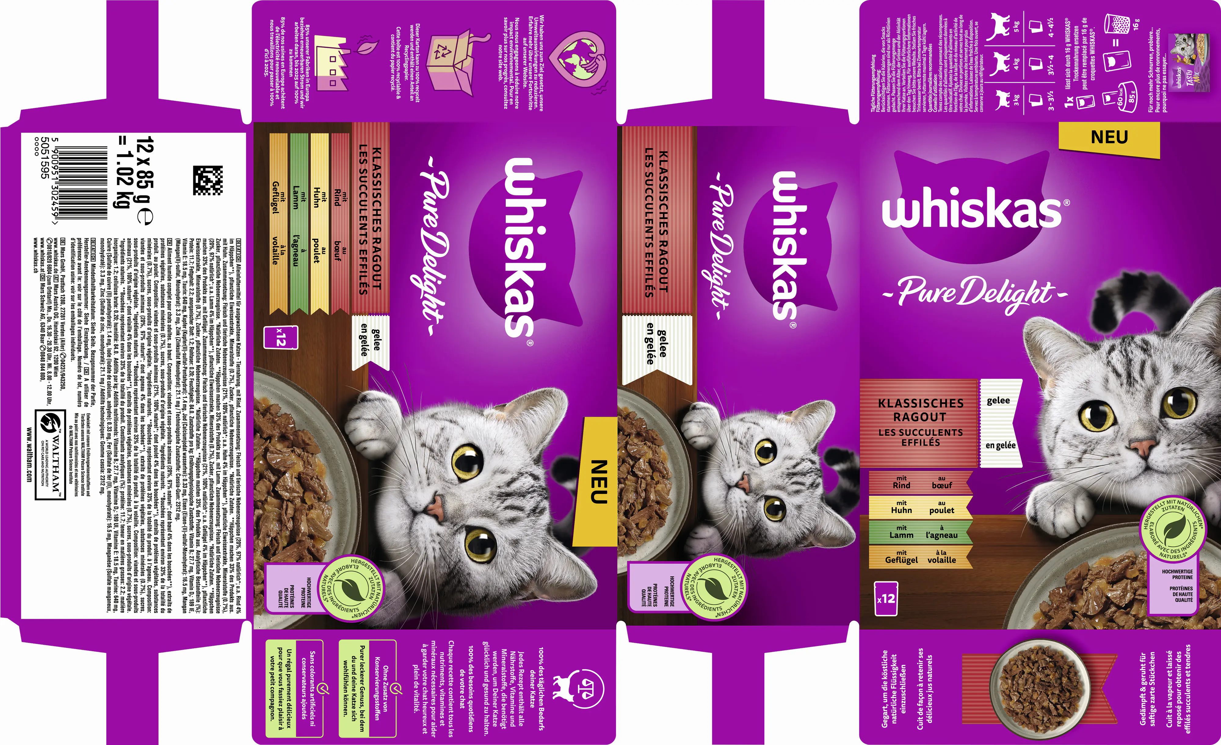 Whiskas Multipack Pure Delight Klassisches Ragout Katzenfutter 12 x 85 g