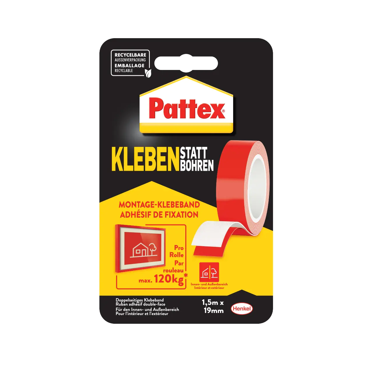 Pattex Kleben statt Bohren Klebeband superstark, 19 mm x 1,5 m Pattex Kleben statt Bohren Klebeband superstark, 19 mm x 1,5 m