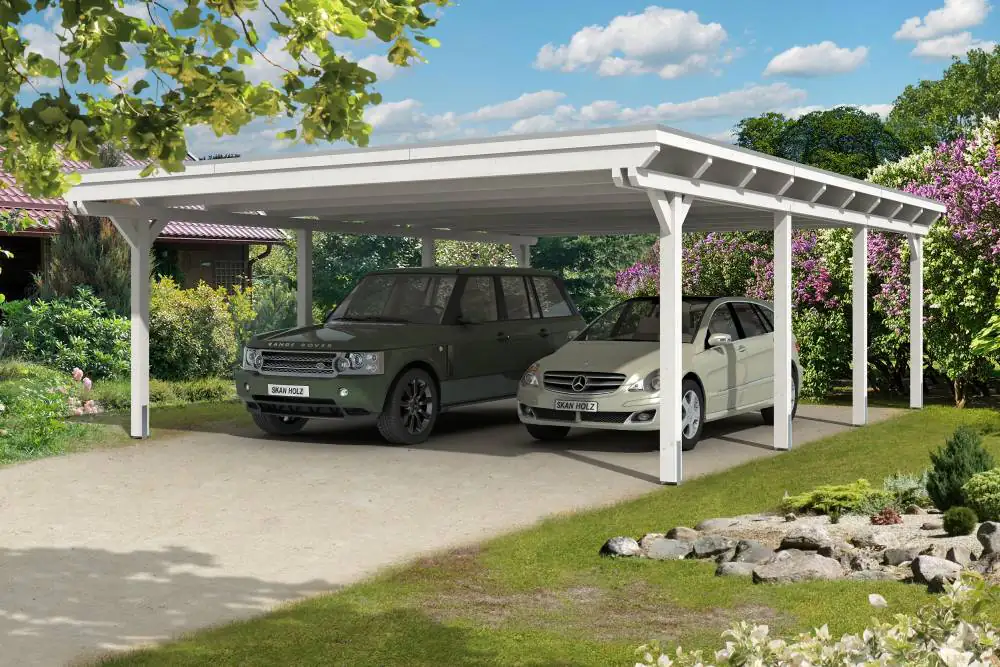 SKAN HOLZ Carport Emsland 613 x 846 cm mit Aluminiumdach, lasiert in Weiß SKAN HOLZ Carport Emsland 613 x 846 cm mit Aluminiumdach, lasiert in Weiß