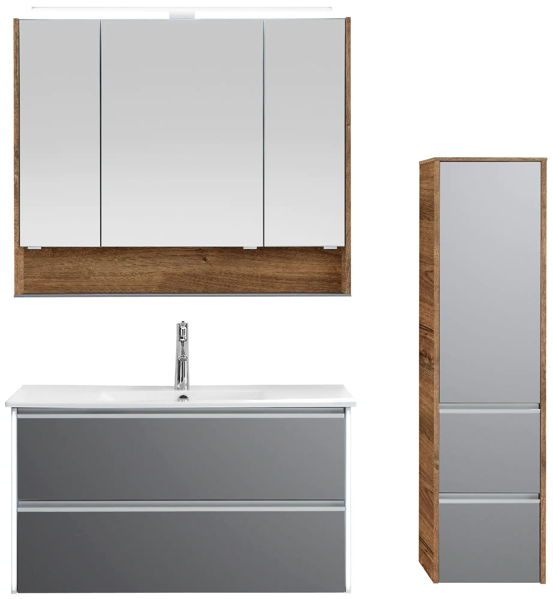 Pelipal Badmöbel-Set 6040 Stahlgrau/Eiche Ribbeck mit Keramik-Waschtisch + Midischrank 134 cm