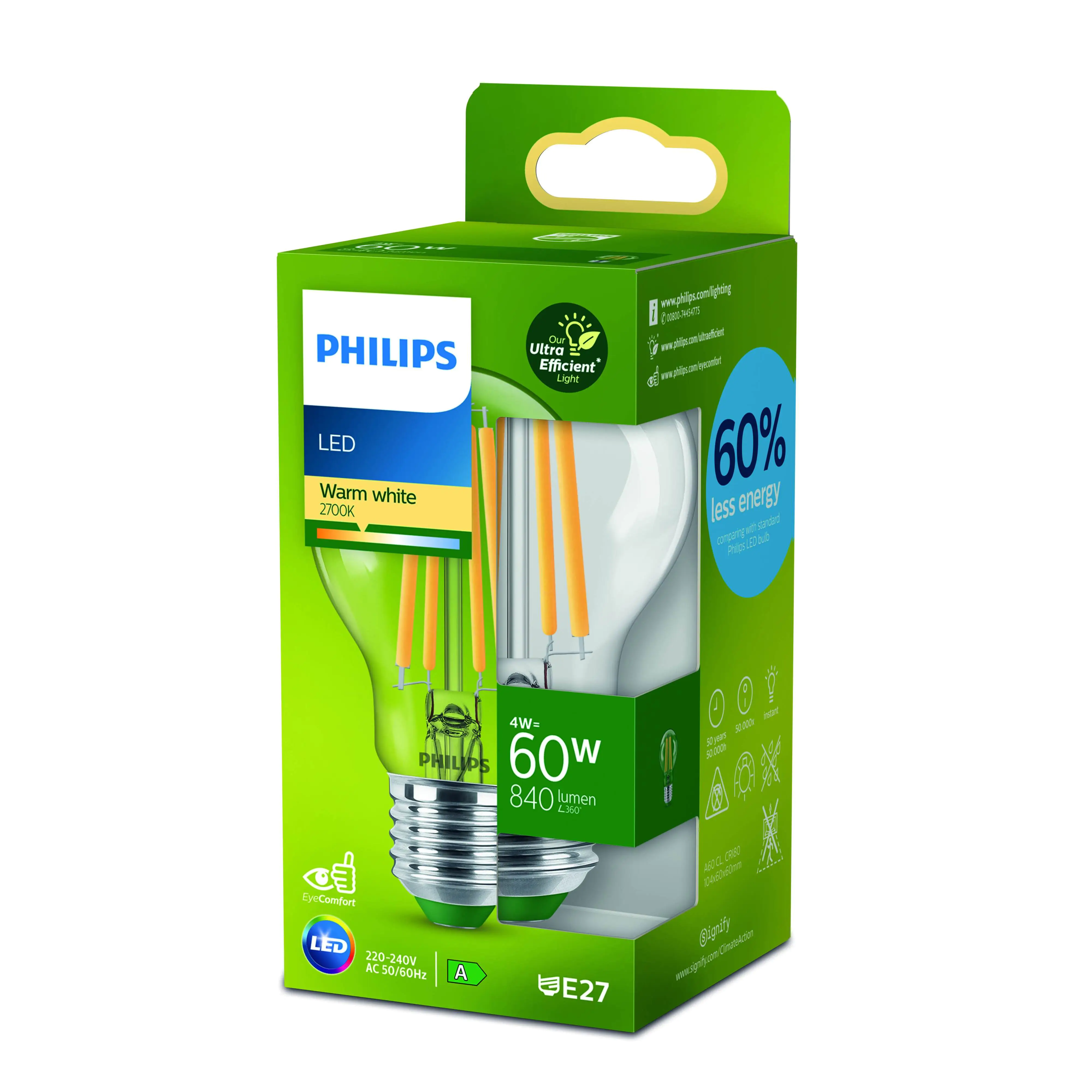 Philips LED-Leuchtmittel Birnenform A60 E27 4W warmweiß