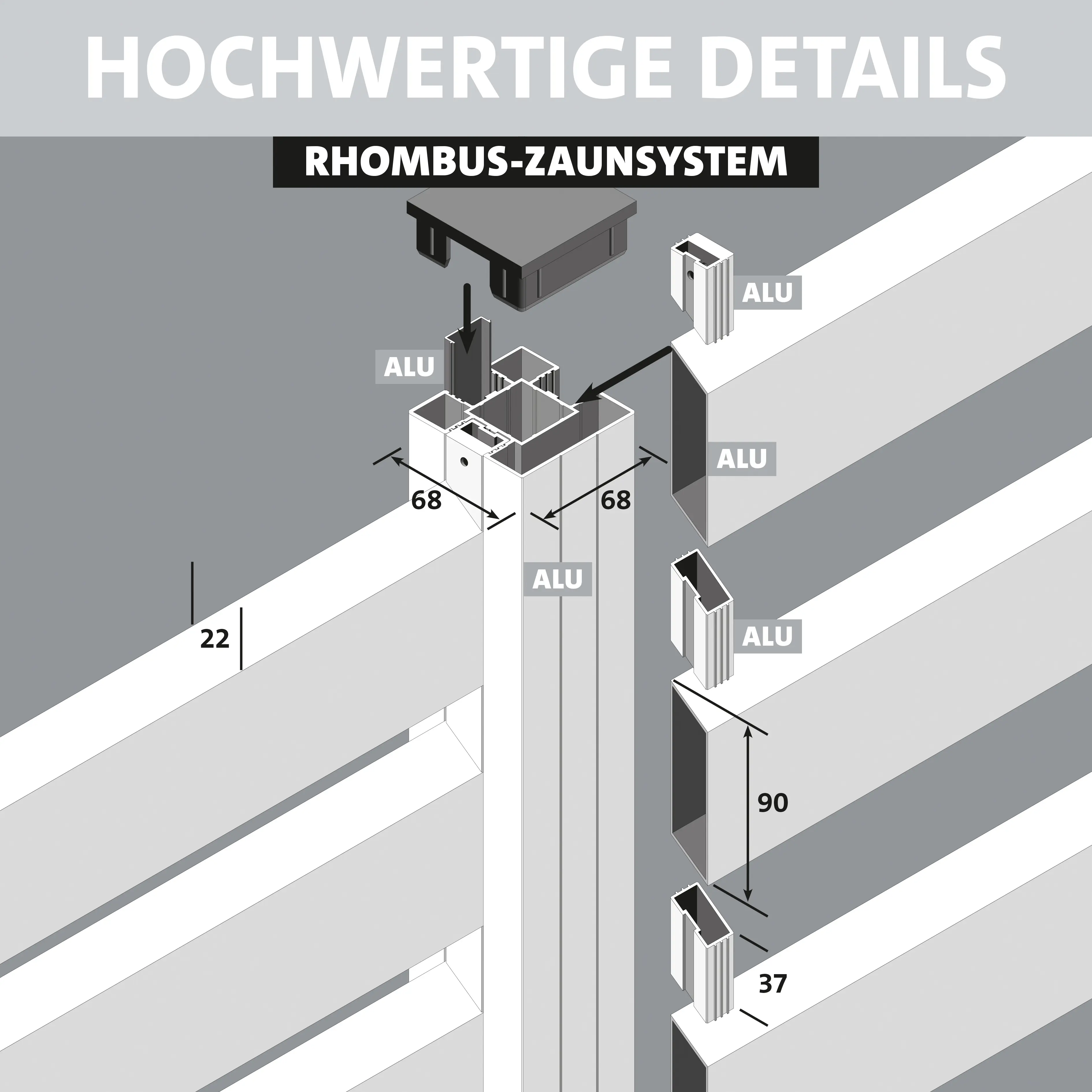 Ambiente Alu-Zaun Grundset Rhombus MAXI 187 x 124,2 cm grau