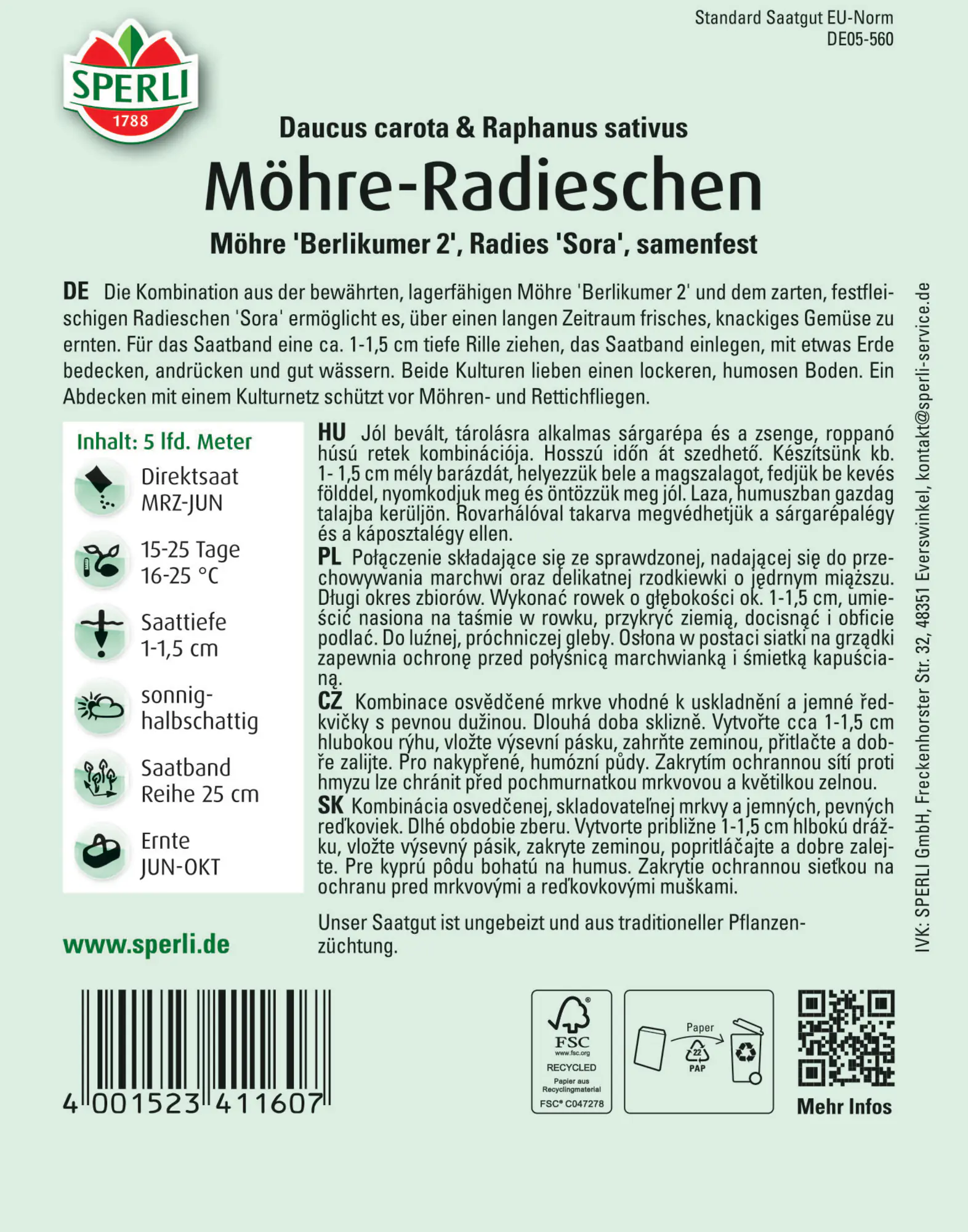 Sperli Möhre-Radieschen Kombination Saatband