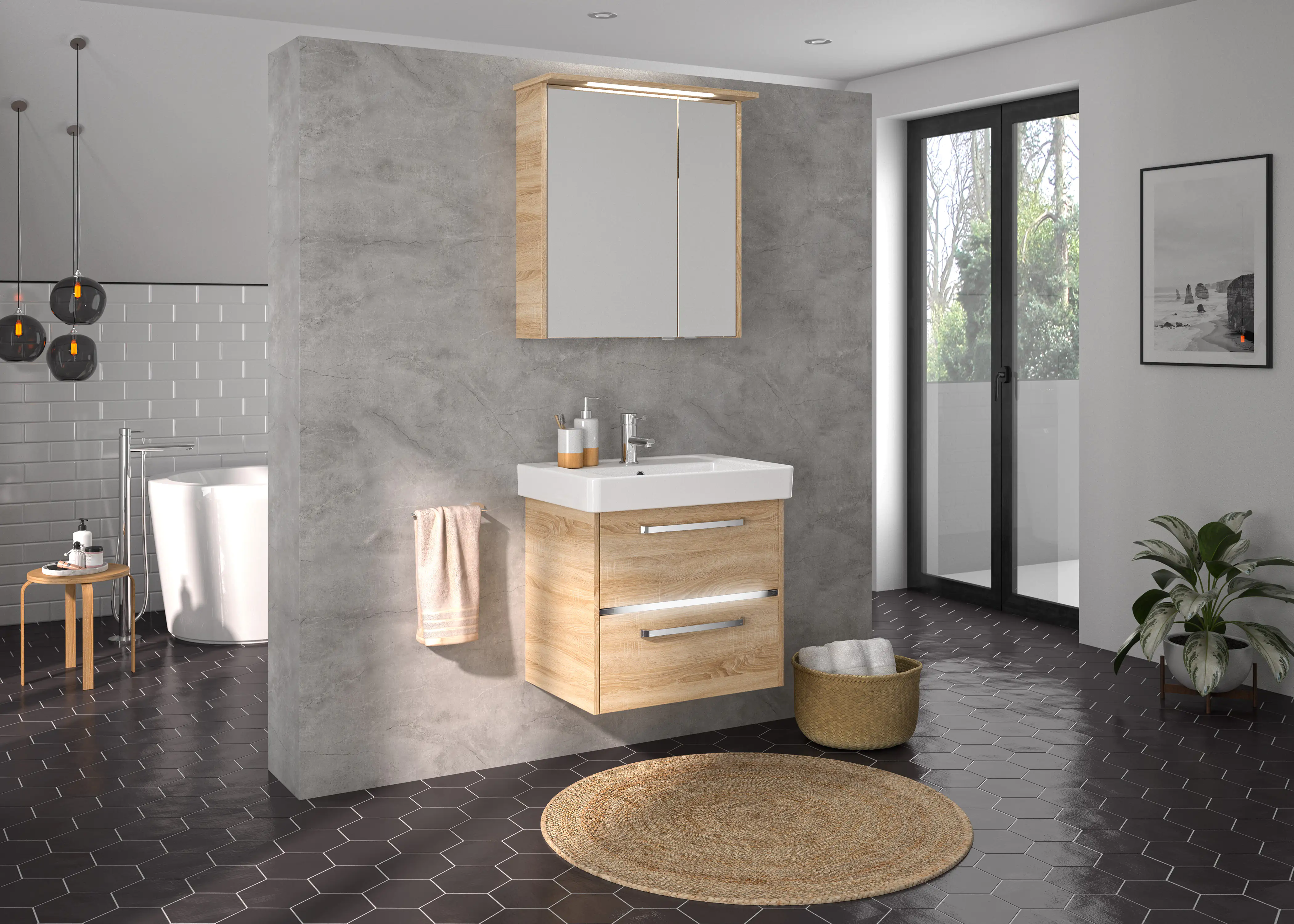 Primaster Badmöbelset Berlin eiche 65 cm Twin LED, Keramikwaschtisch