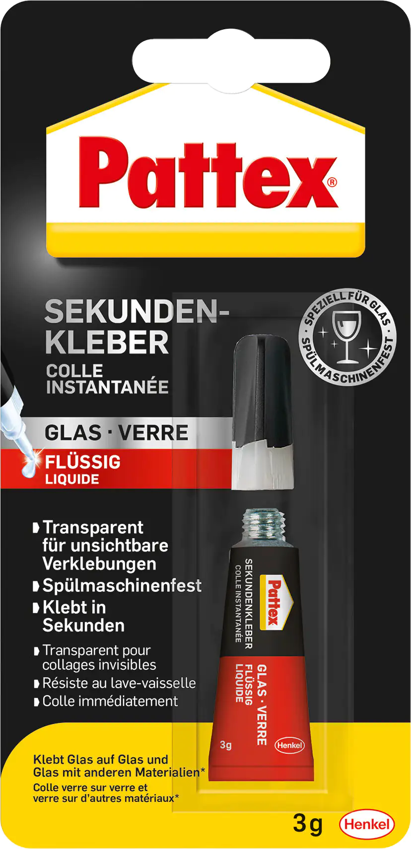 Pattex Sekundenkleber Glas Flüssig 3 g Tube, trocknet transparent Pattex Sekundenkleber Glas Flüssig 3 g Tube, trocknet transparent
