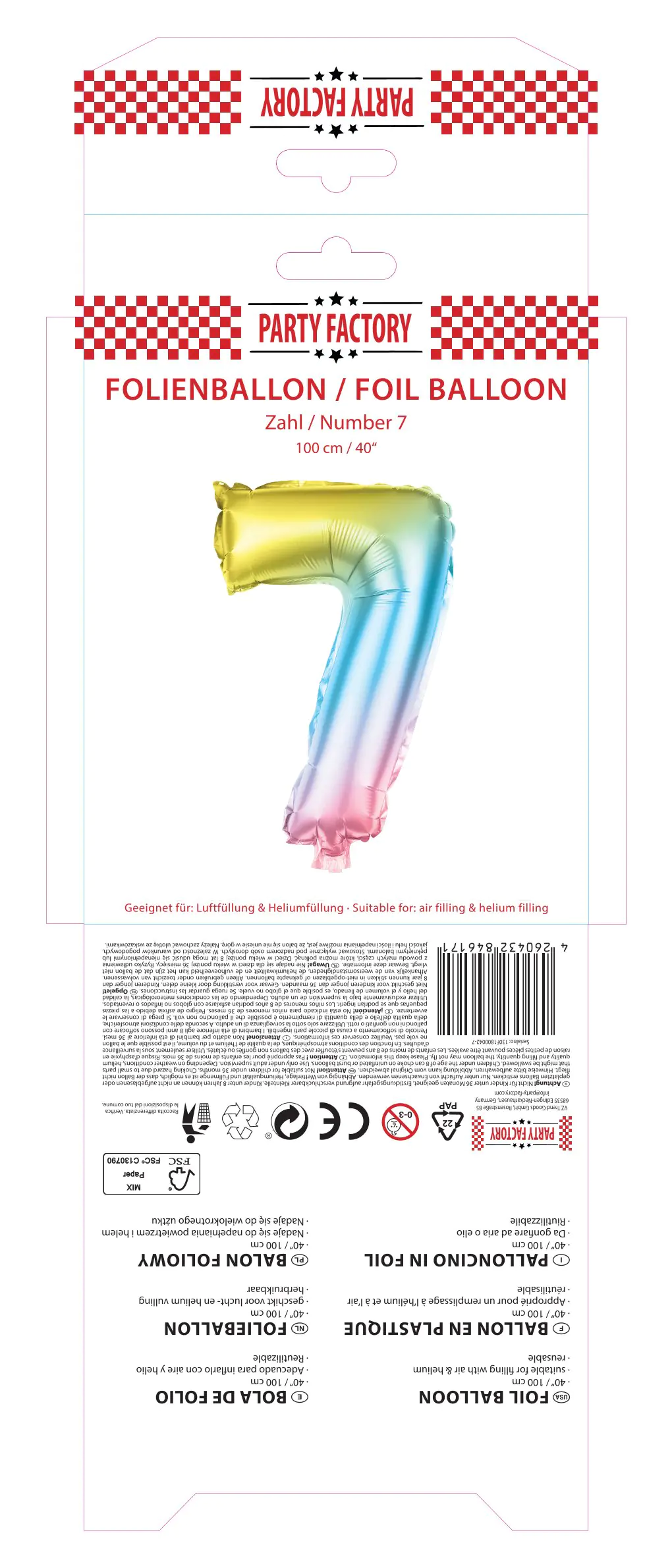 Folienballon Zahl 7 bunt 100 cm