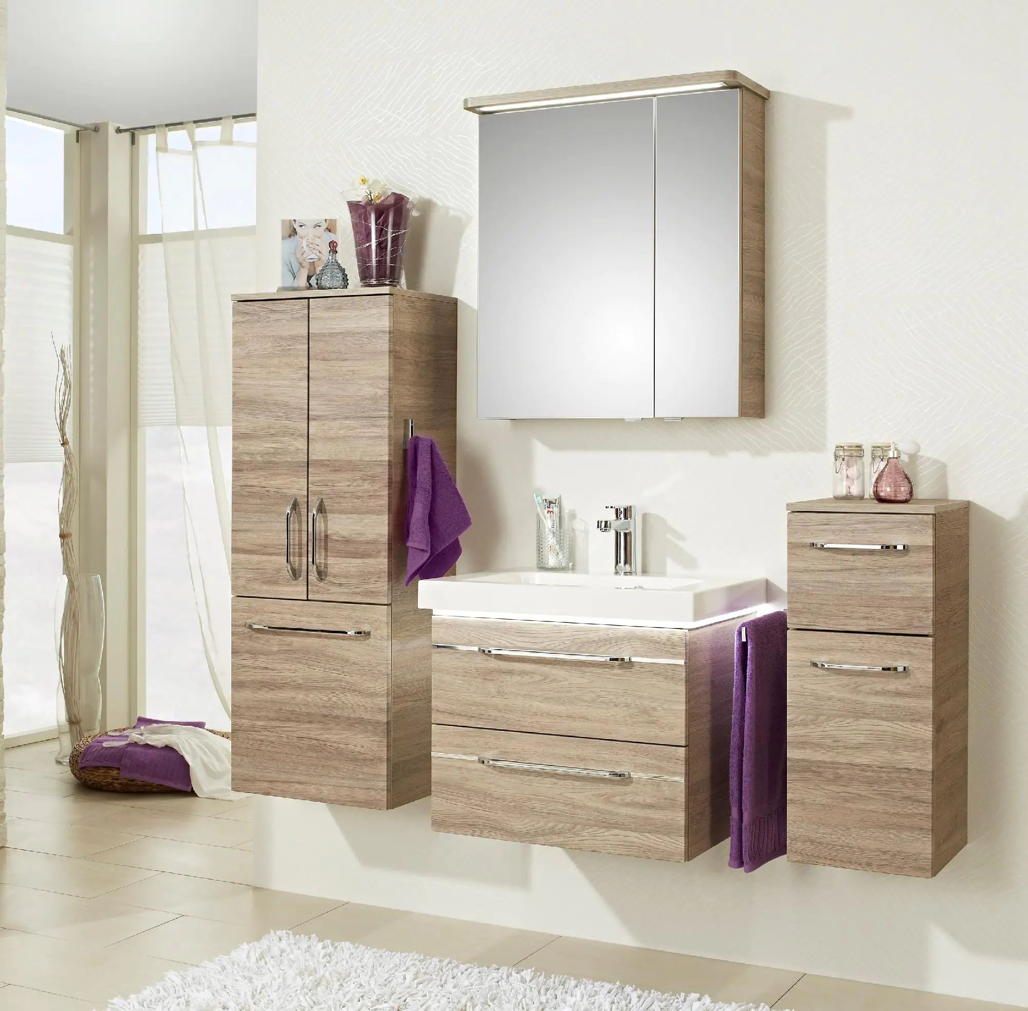 Pelipal Badmöbel-Set Balto Sanremo Eiche mit Leuchtfuge Unterschrank und Midischrank 141 cm