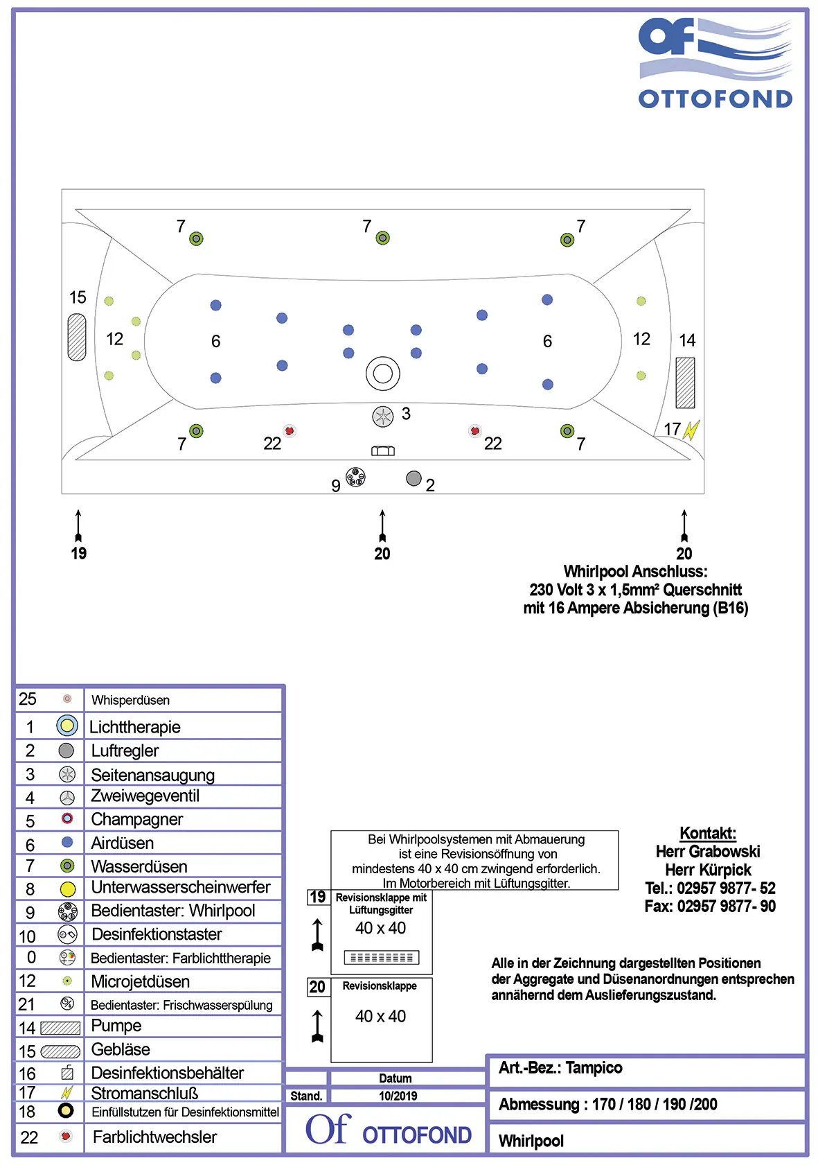 Ottofond Whirlpool Tampico 190 x 90 cm, weiß, mit 2 LED Farblichtwechslern