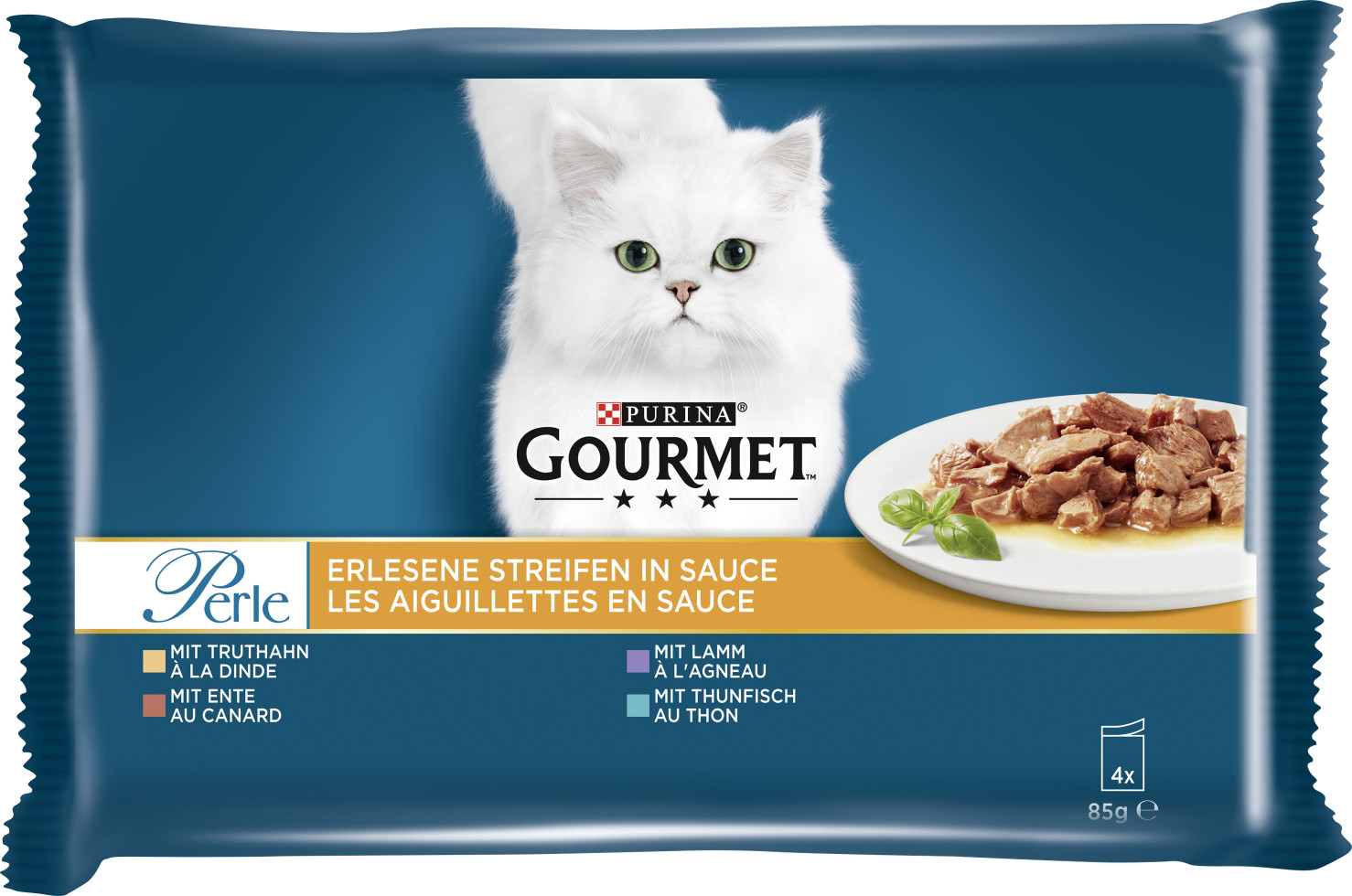 Gourmet Perle Erlesene Streifen mit Truthahn Thunfisch Ente Lamm 4x 85g
