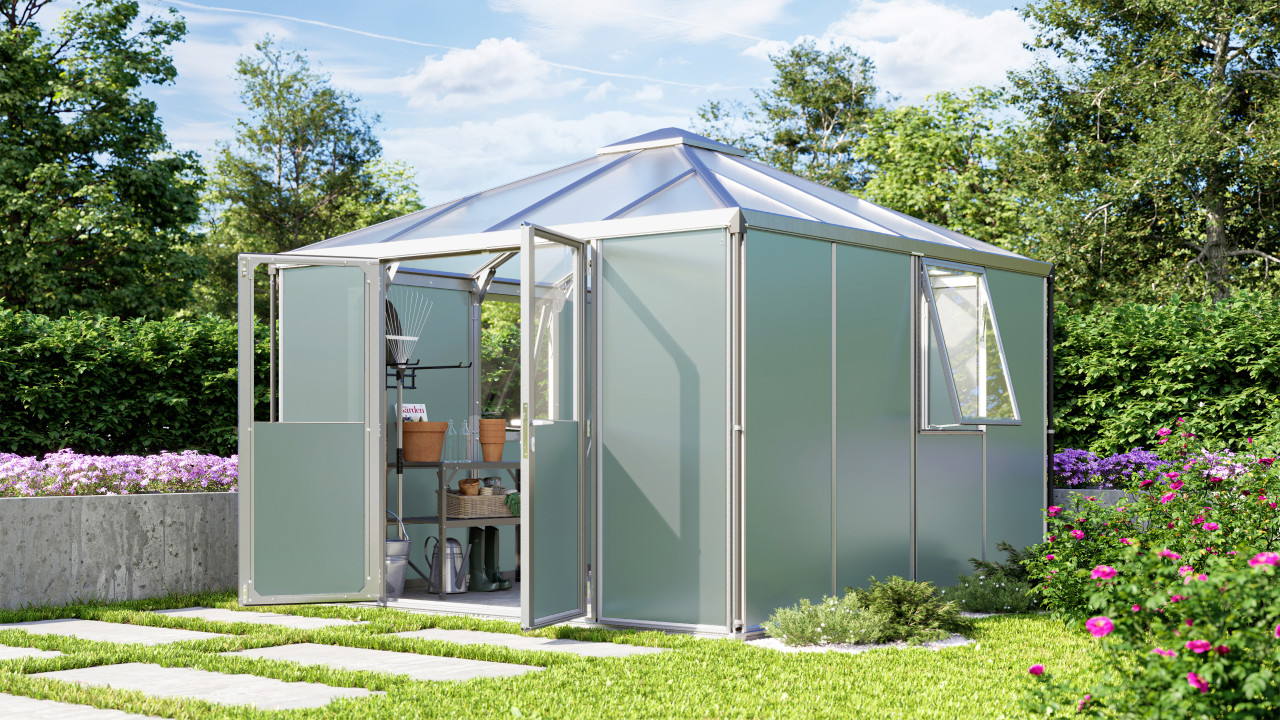 Vitavia Metallgerätehaus Universum salbei-grau eloxiert 321 x 321 cm