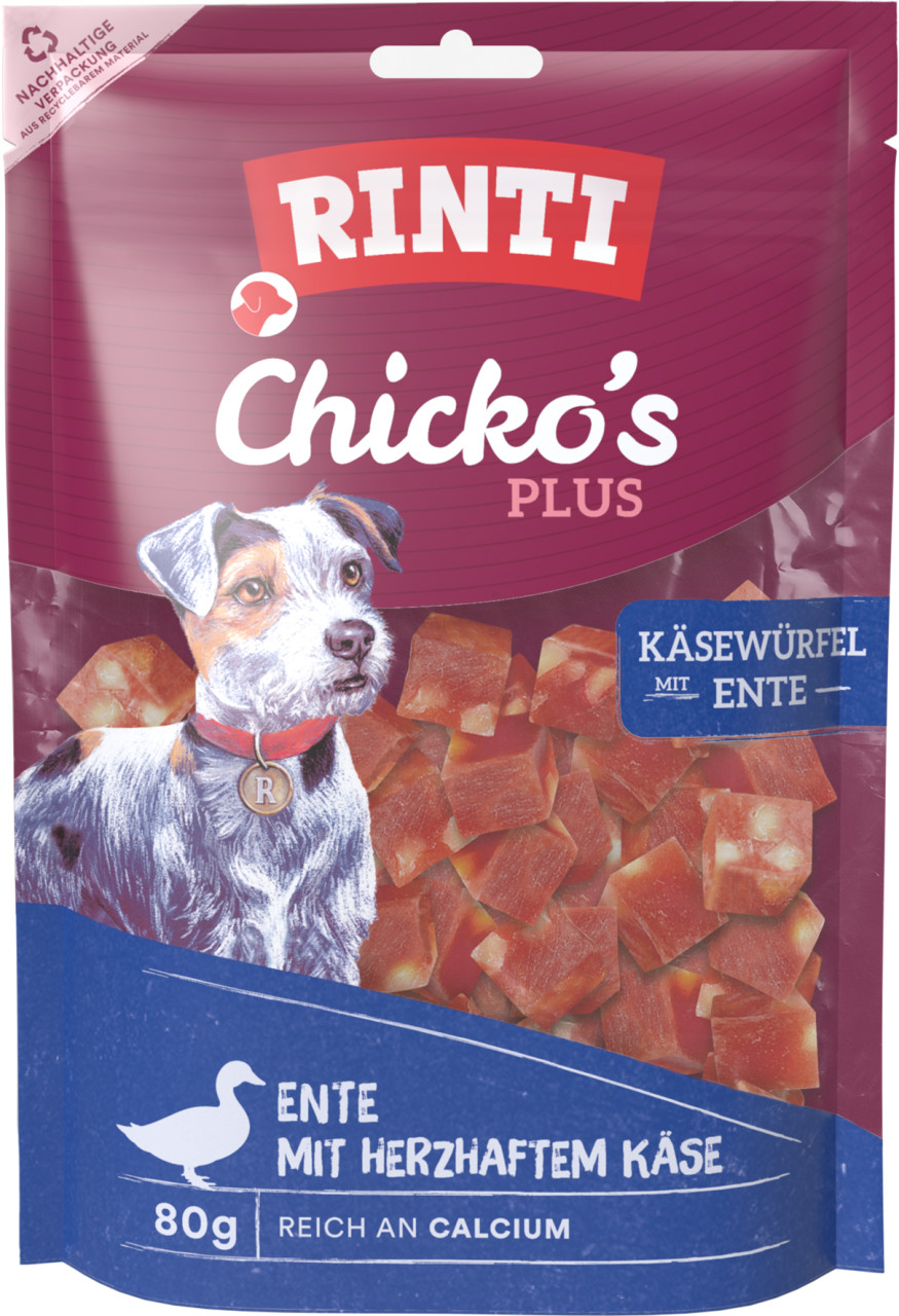 Rinti Hundesnack Chicko Plus Käsewürfel mit Ente 80 g