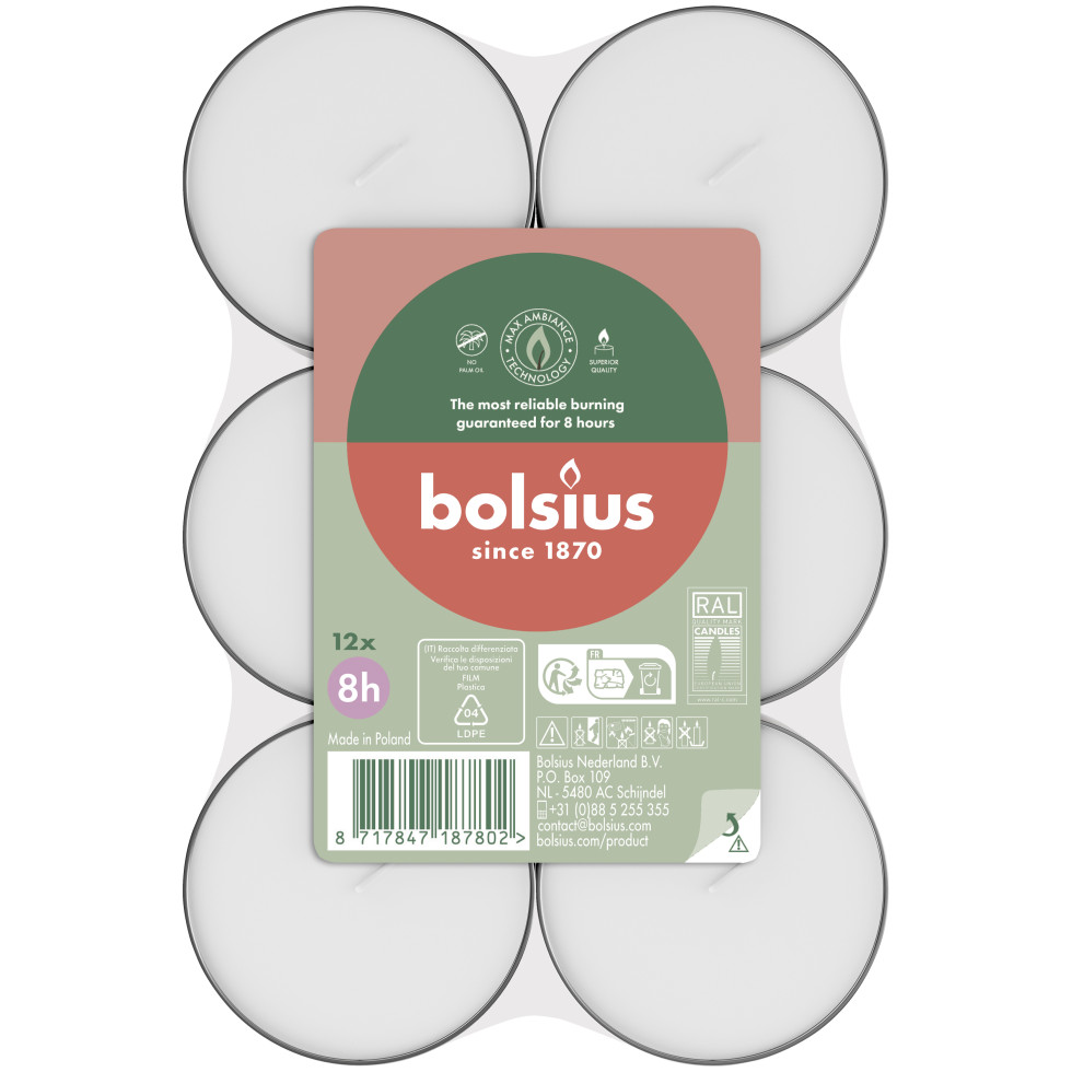 Bolsius Maxi-Teelichter weiß 8h 12er Pack