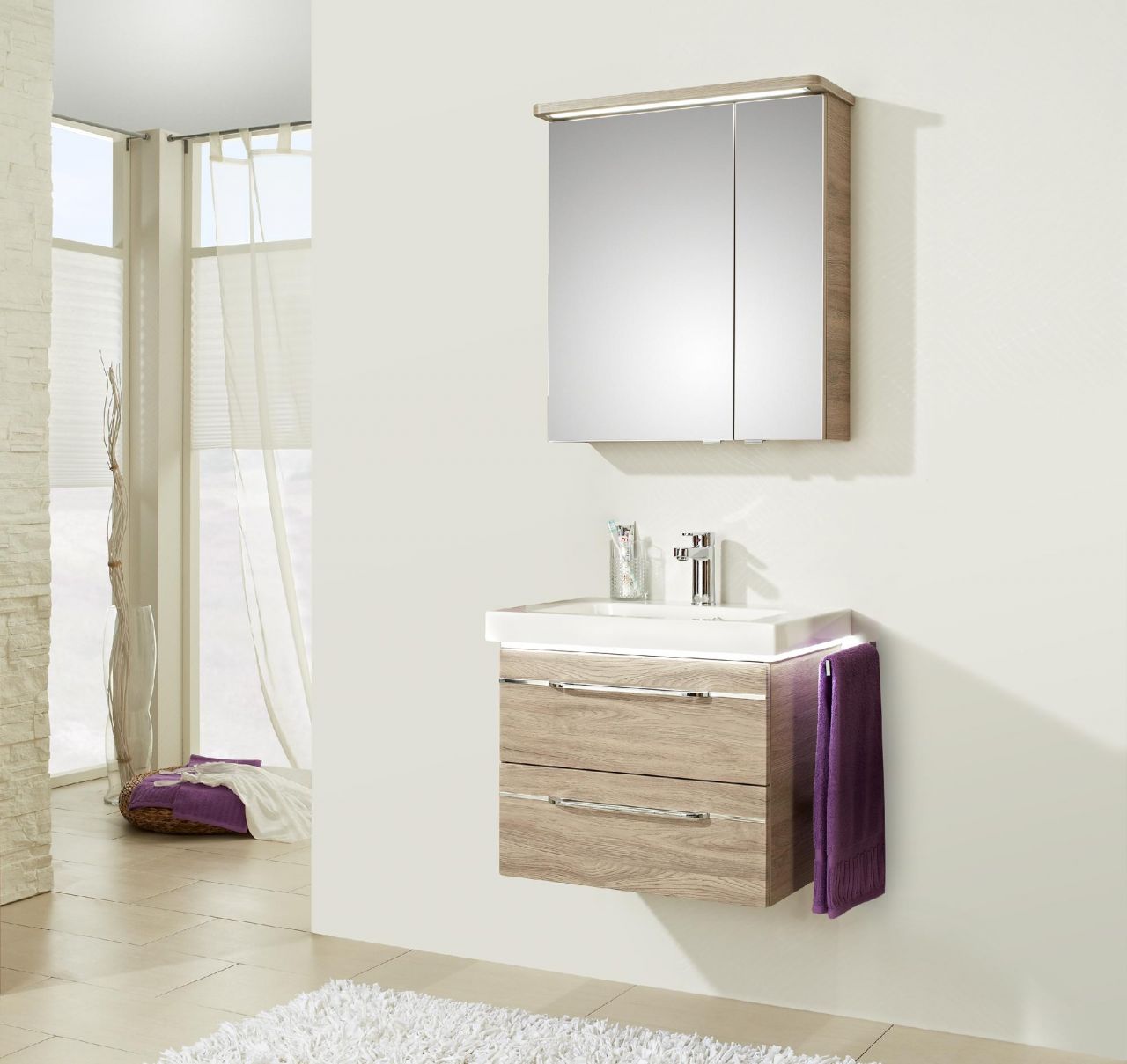 Pelipal Badmöbel-Set Balto Sanremo Eiche mit Leuchtfuge + Kranz-Leuchte 66 cm