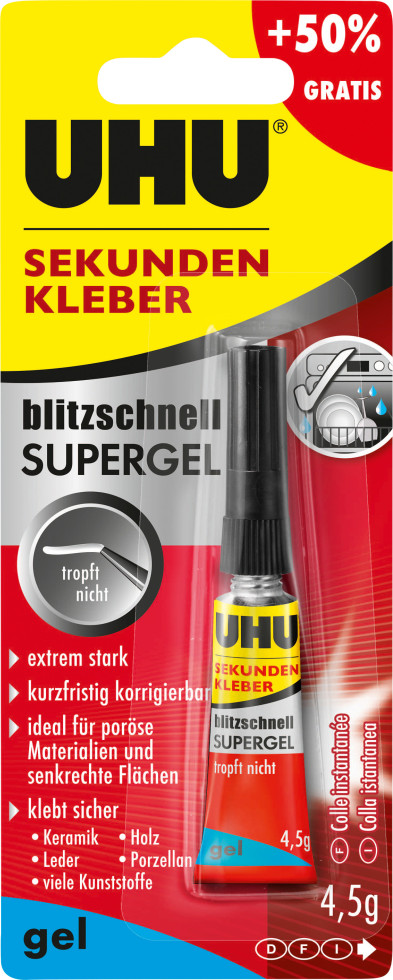 UHU Sekundenkleber blitzschnell Supergel 4,5 g - 3 g + 50 % gratis