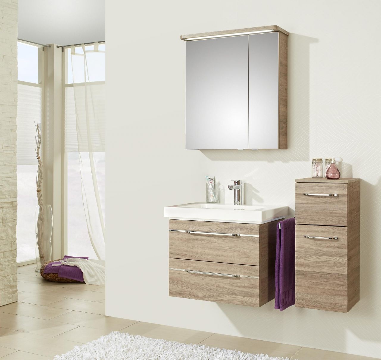 Pelipal Badmöbel-Set Balto Sanremo Eiche mit Kranz-Leuchte und Unterschrank 96 cm