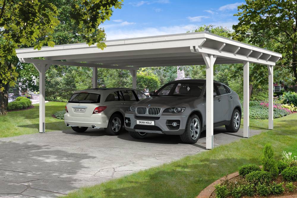 SKAN HOLZ Carport Emsland 613 x 604 cm mit EPDM-Dach, lasiert in Weiß