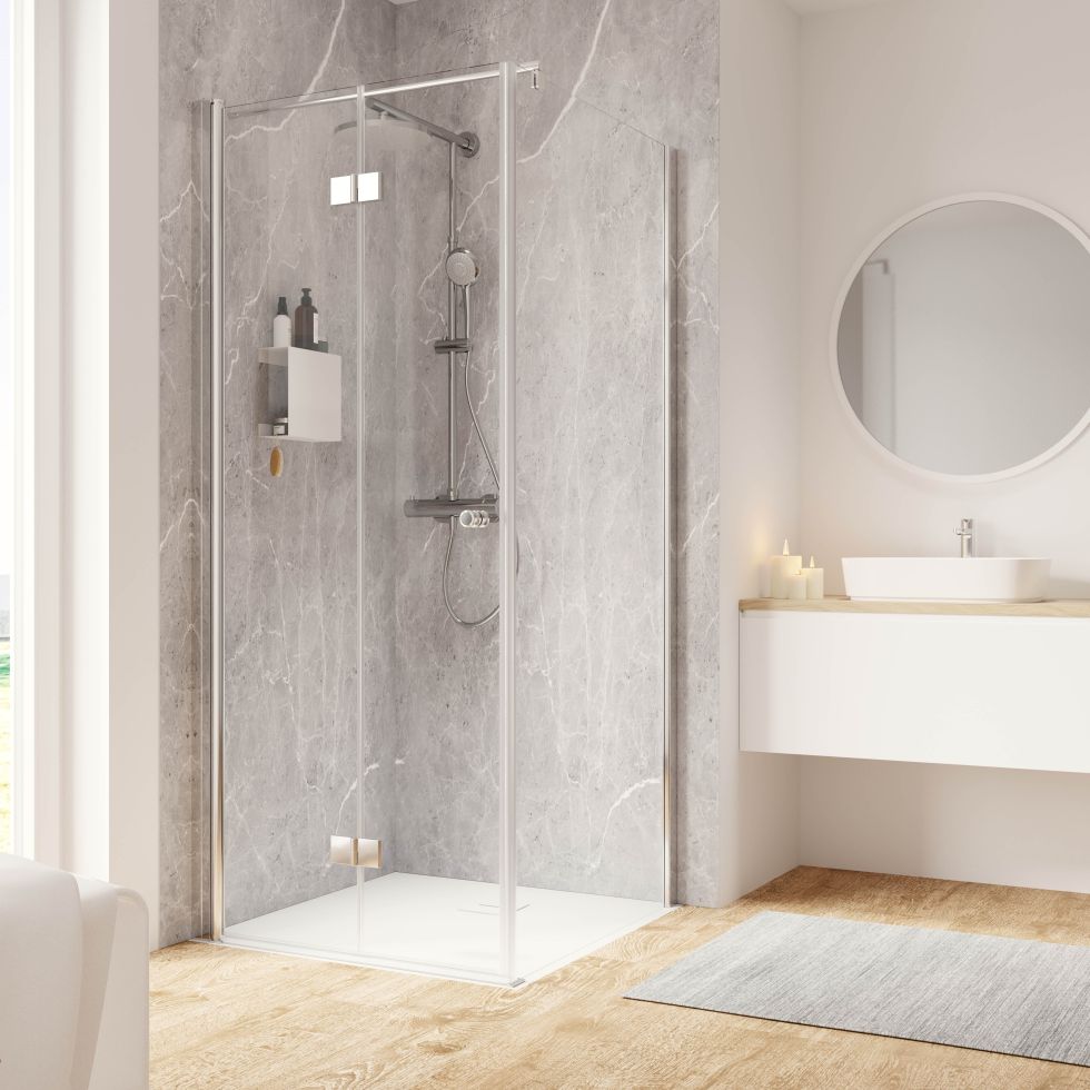 Schulte Drehfalttür und Seitenwand rechts 90 x 90 x 200 cm Garant 2.0 Chromoptik Türanschlag links