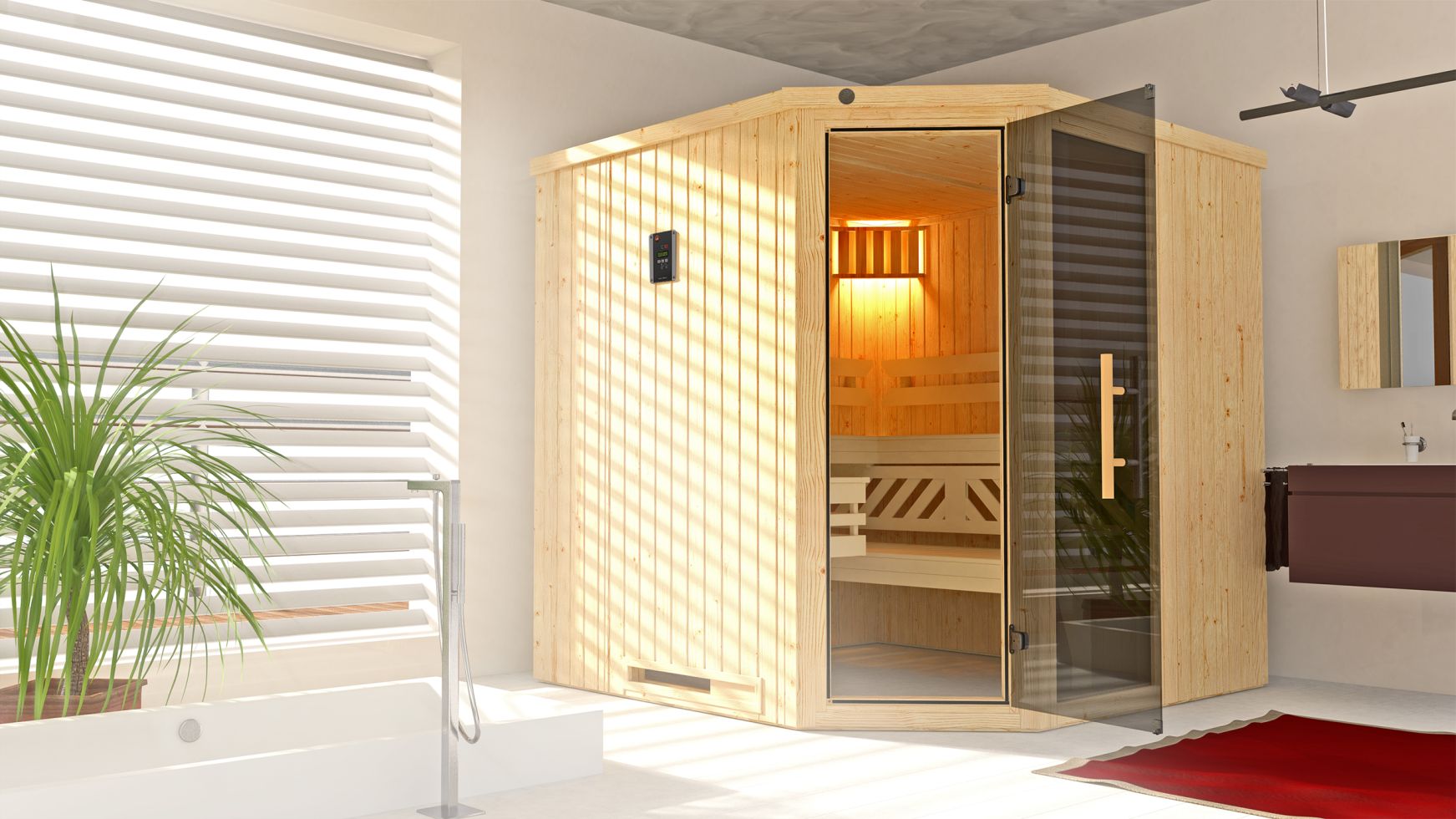Weka Element-Ecksauna Varberg 3 mit Glastür und Fenster