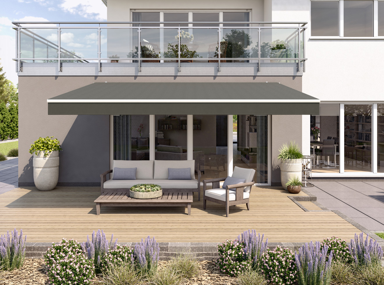 Gelenkarmmarkise Classic dunkelgrau struktur inkl. Motor, Handsender, Solar Panel