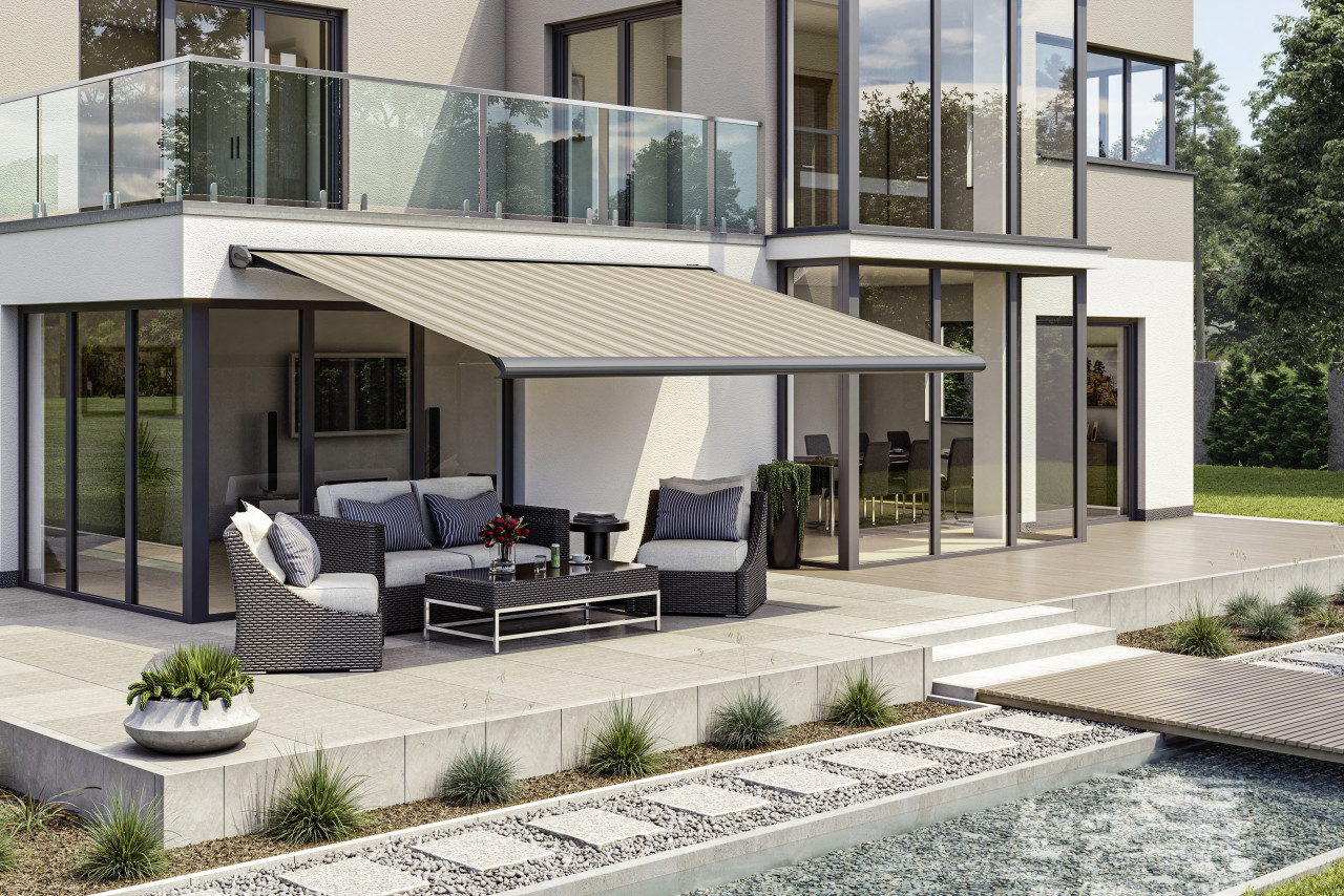 Kassettenmarkise S-Compact beige-braun gestreift inkl. Motor, Aufputzschalter