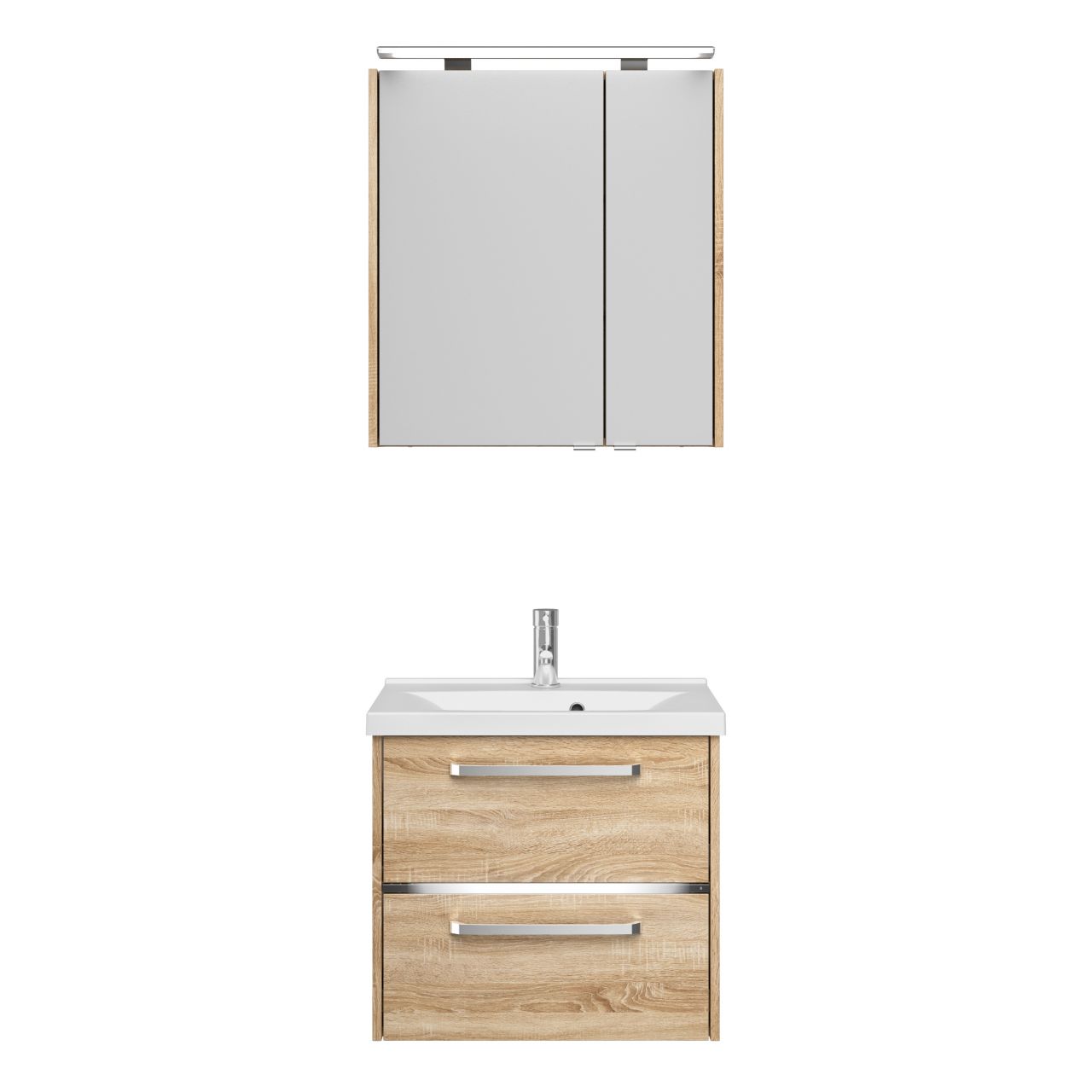 Primaster Badmöbelset Berlin eiche 65 cm LED-Leuchten, Mineralgusswaschtisch