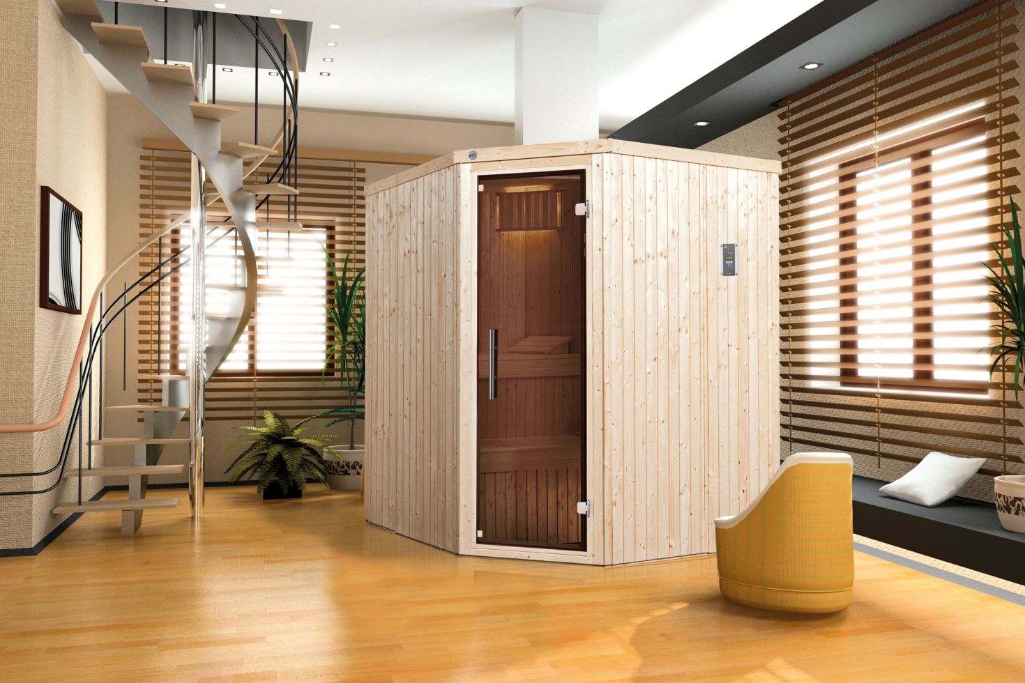 Weka Element-Sauna Kiruna 2 mit Glastür und Saunaofen