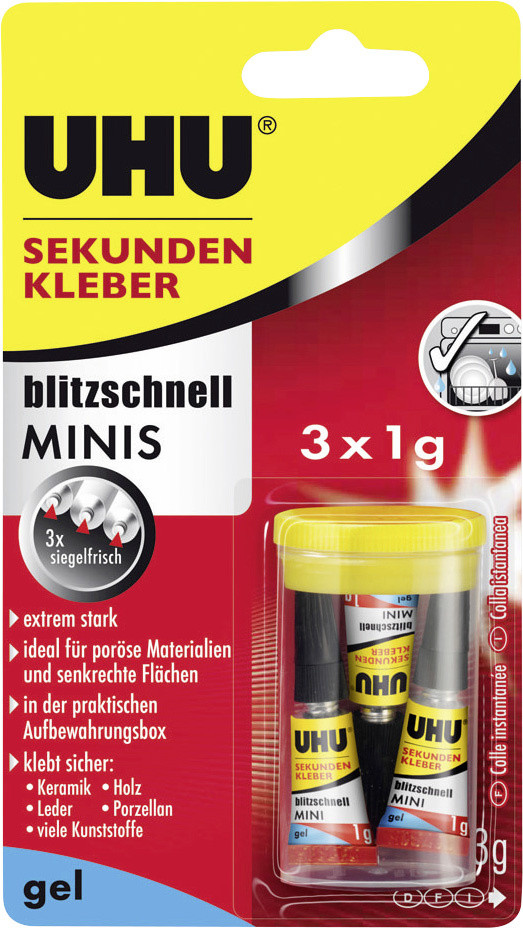 UHU Sekundenkleber blitzschnell Minis 3 x 1 g gel 3 g (3 x 1 g), in der praktischen Box