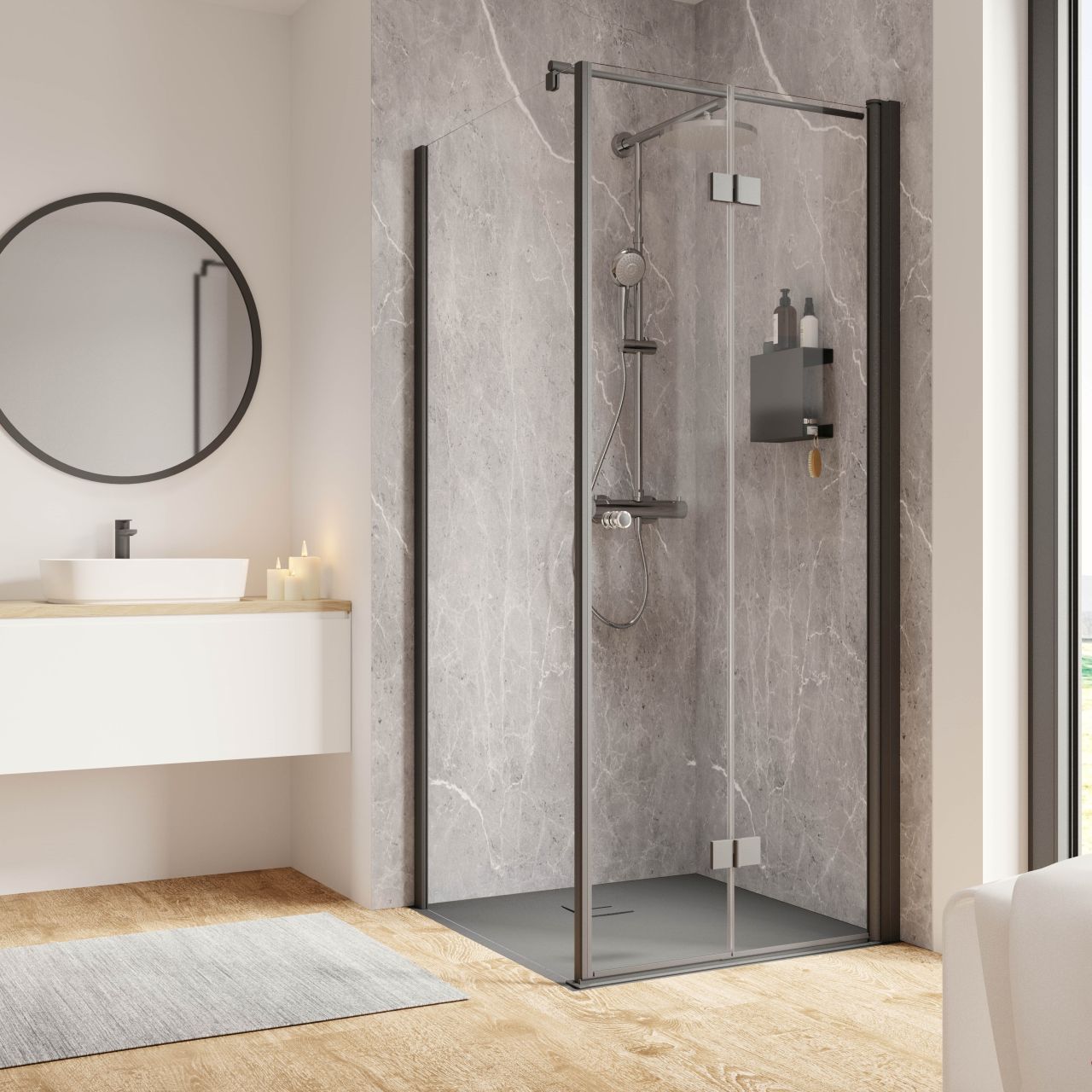 Schulte Drehfalttür und Seitenwand links 90 x 90 x 200 cm Garant 2.0 mattschwarz Türanschlag rechts