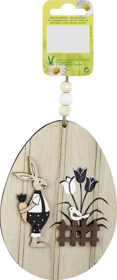 Dekohänger Osterei Hasenjunge Holz 13,3 x 10 cm natur schwarz weiß