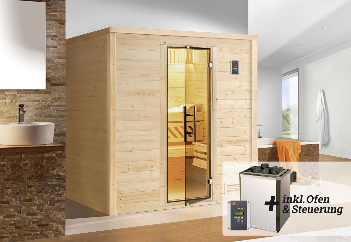 Weka Premium Massivholz-Sauna Bergen Gr. 1 Sparset 7,5 kw OS