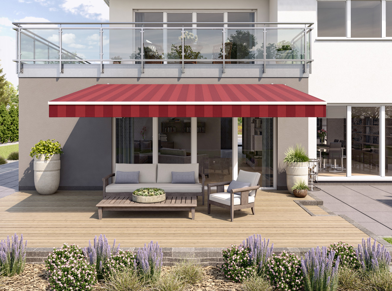 Gelenkarmmarkise Classic bordeaux gestreift inkl. Motor, Handsender, Solar Panel