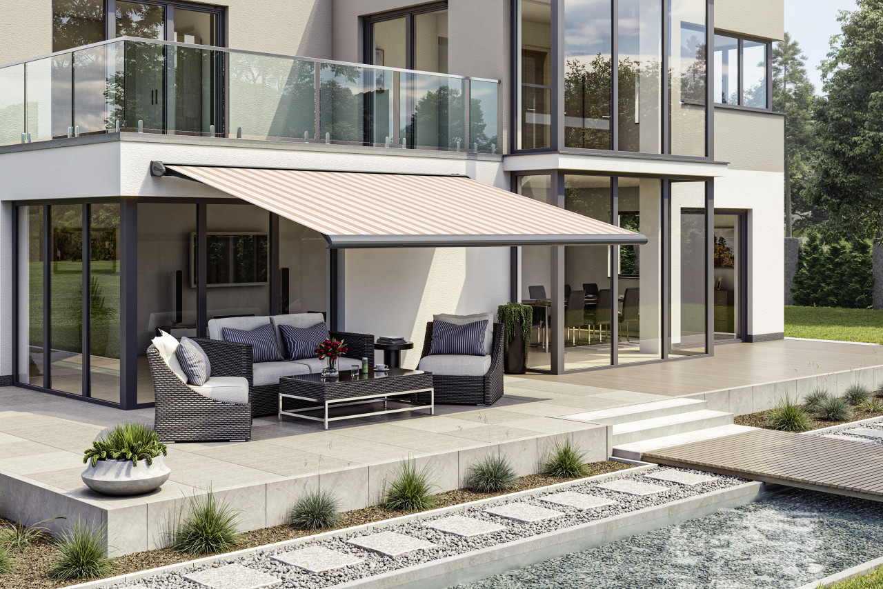 Kassettenmarkise S-Compact braun-beige gestreift inkl. Motor, Aufputzschalter