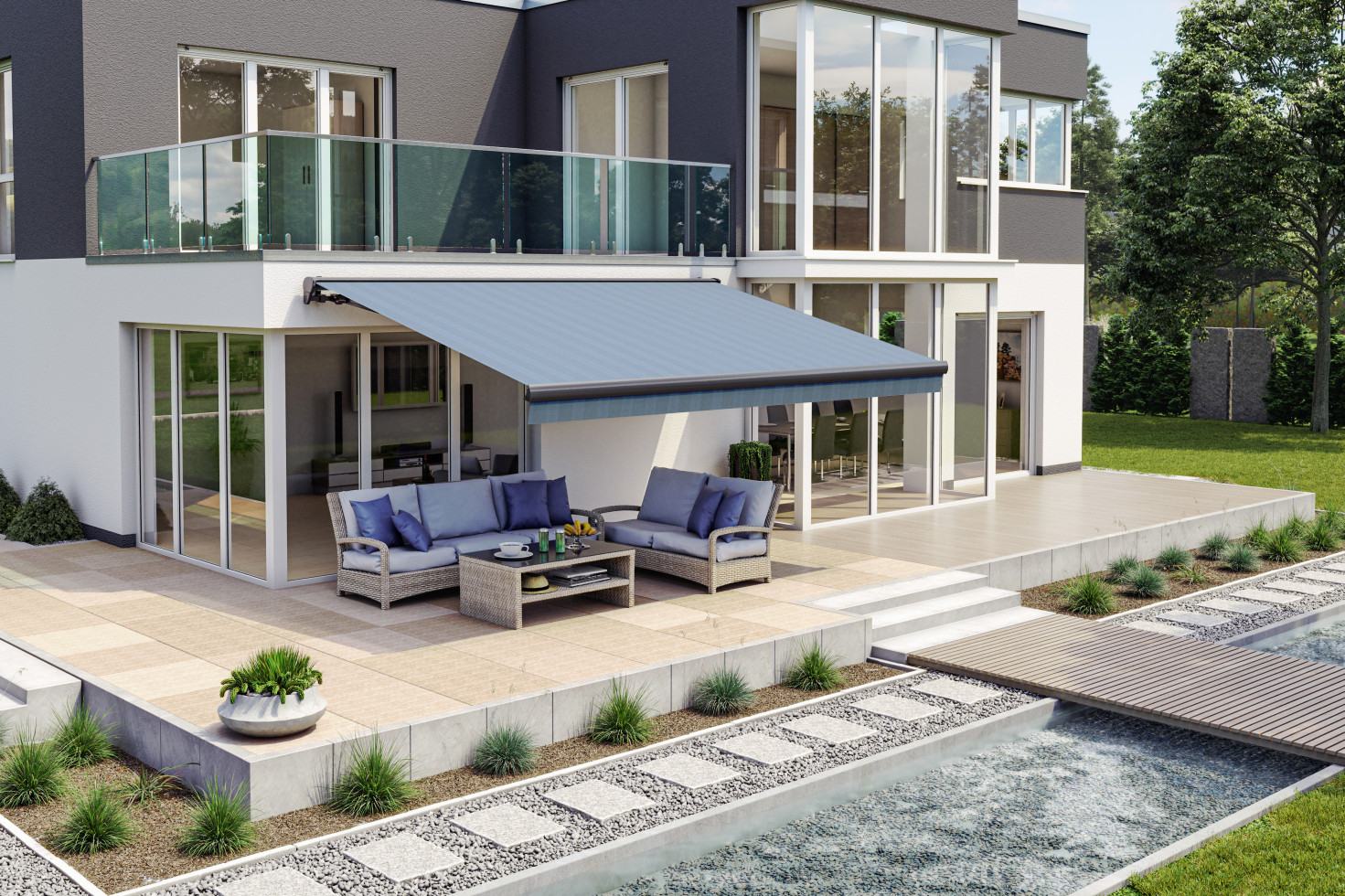 Wismar Halbkassettenmarkise blau-schwarz gestreift