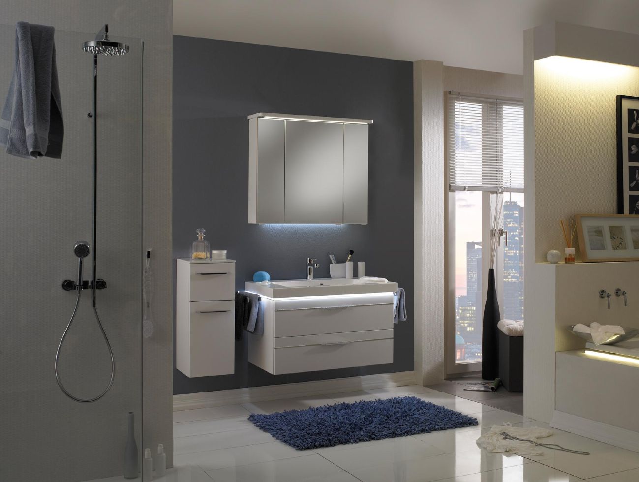 Pelipal Badmöbel-Set Balto Weiß Hgl/Weiß Glanz mit Leuchtfuge + Unterschrank 122 cm