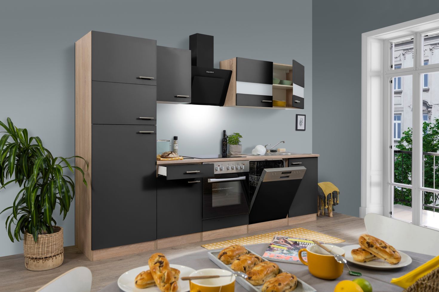 Respekta Economy Küchenblock 280 cm grau, Eiche Sonoma, KB280ESGCGKE