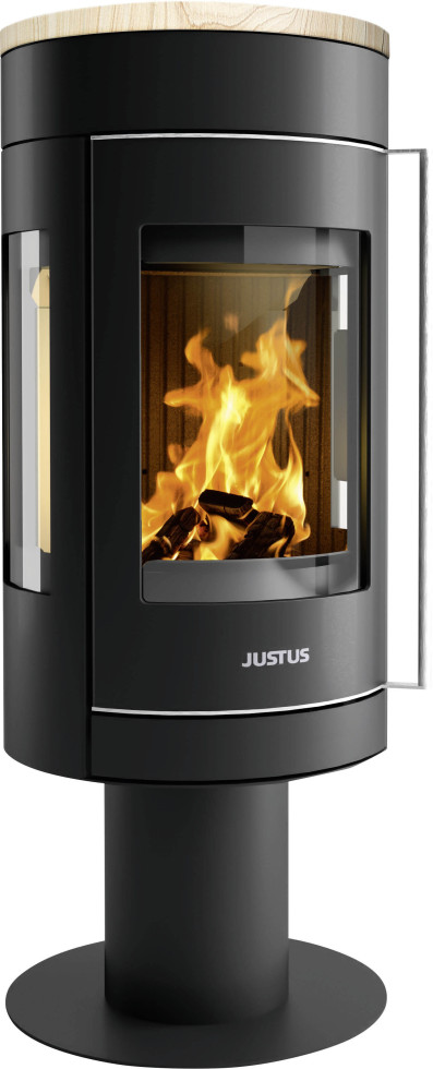 Justus Kaminofen Meva Stahl schwarz mit Abdeckplatte Sandstein 5,5 kW