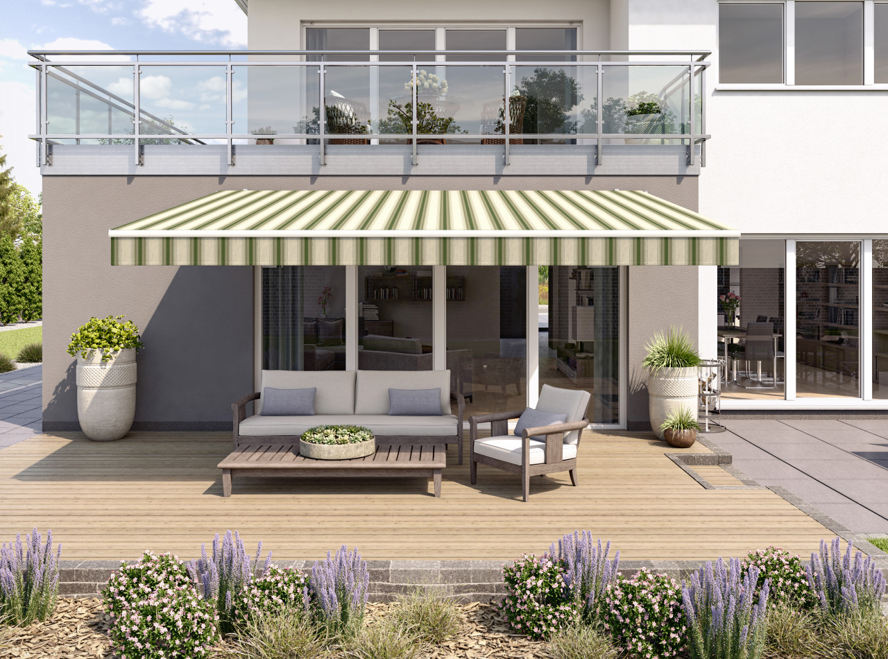 Gelenkarmmarkise Classic grün-beige gestreift inkl. Motor, Handsender, Solar Panel