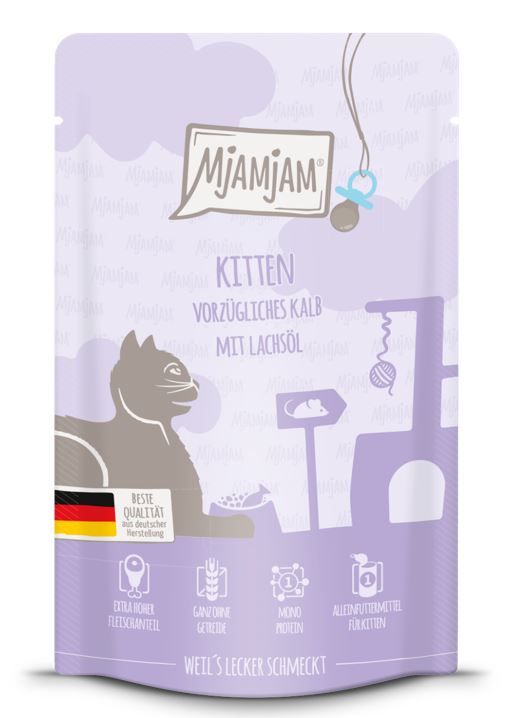 MjAMjAM Kitten Quetschie Kalb mit Lachsöl Katzenfutter 125g