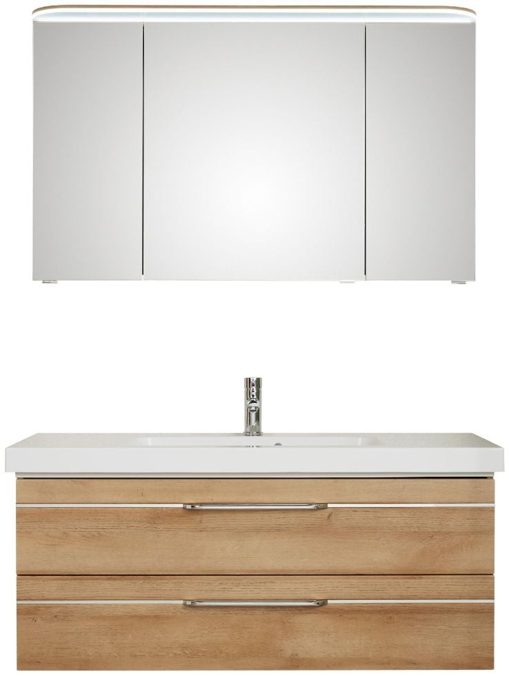 Pelipal Badmöbel-Set Balto Riviera Eiche mit Mineralmarmor-Waschtisch + Kranz-Leuchte 123 cm