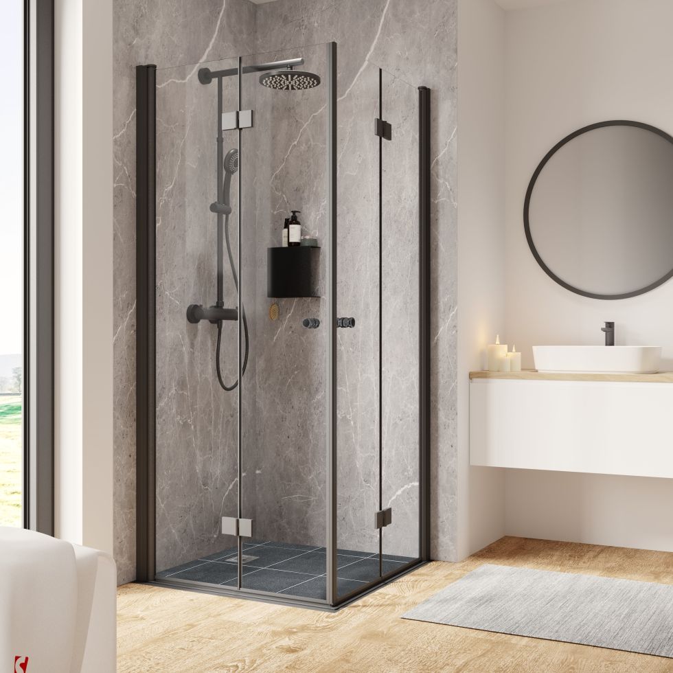 Schulte Eckeinstieg mit Drehfalttür 90 x 90 x 200 cm Garant 2.0 mattschwarz Montage auf Fliese