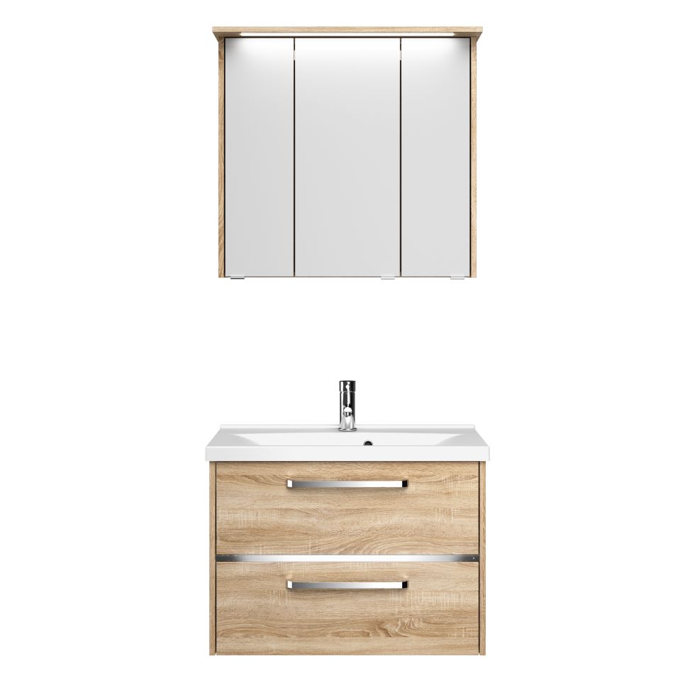 Primaster Badmöbelset Berlin eiche 77 cm Twin LED, Mineralgusswaschtisch