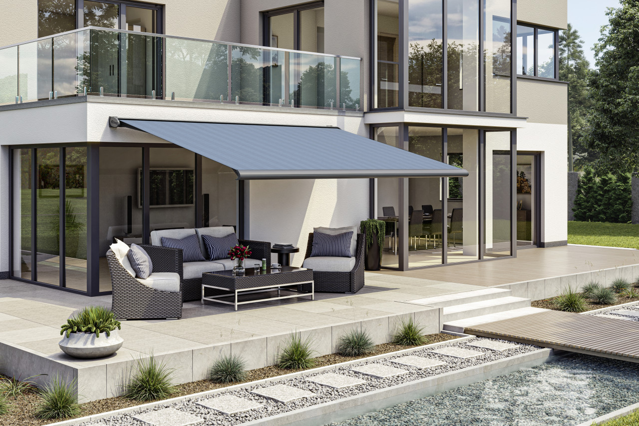 Kassettenmarkise S-Compact blau-schwarz gestreift inkl. Motor, Aufputzschalter