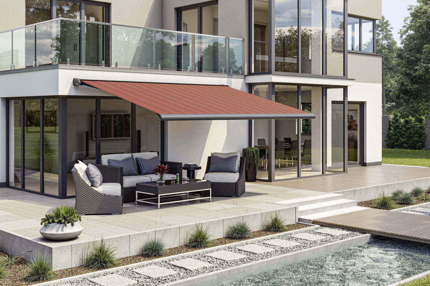 Kassettenmarkise S-Compact bordeaux gestreift inkl. Motor, Aufputzschalter