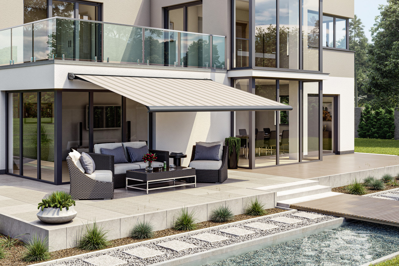 Kassettenmarkise S-Compact beige-grau gestreift inkl. Motor, Aufputzschalter