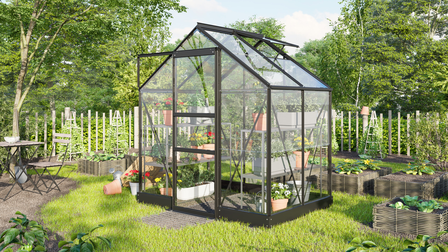 Vitavia Gewächshaus Eris 2500 ESG 3 mm schwarz 195 x 137 cm