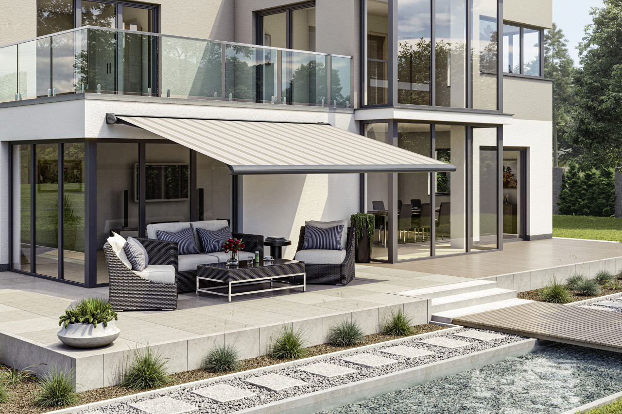 Kassettenmarkise S-Compact beige-grau gestreift inkl. Motor, Aufputzschalter