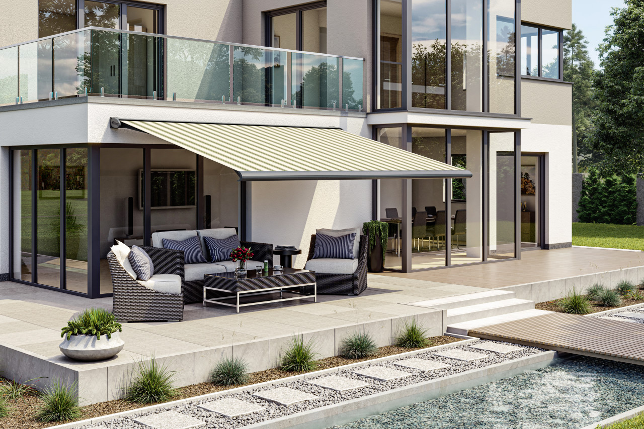 Kassettenmarkise S-Compact grün-beige gestreift inkl. Motor, Aufputzschalter