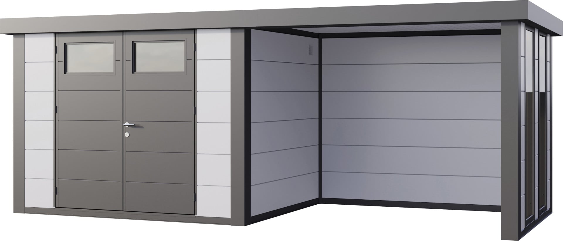 Telluria Gerätehaus Classico Lounge S mit Fenstern 3024 rechts weiß 582 x 238 cm